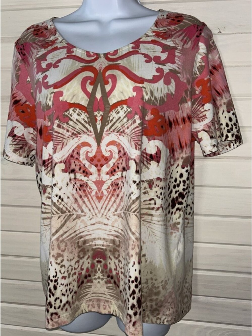 Chicos Sz 2 (LARGE) Animal Print Mix Cotton Tee Knit Stretch Red Taupe EUC